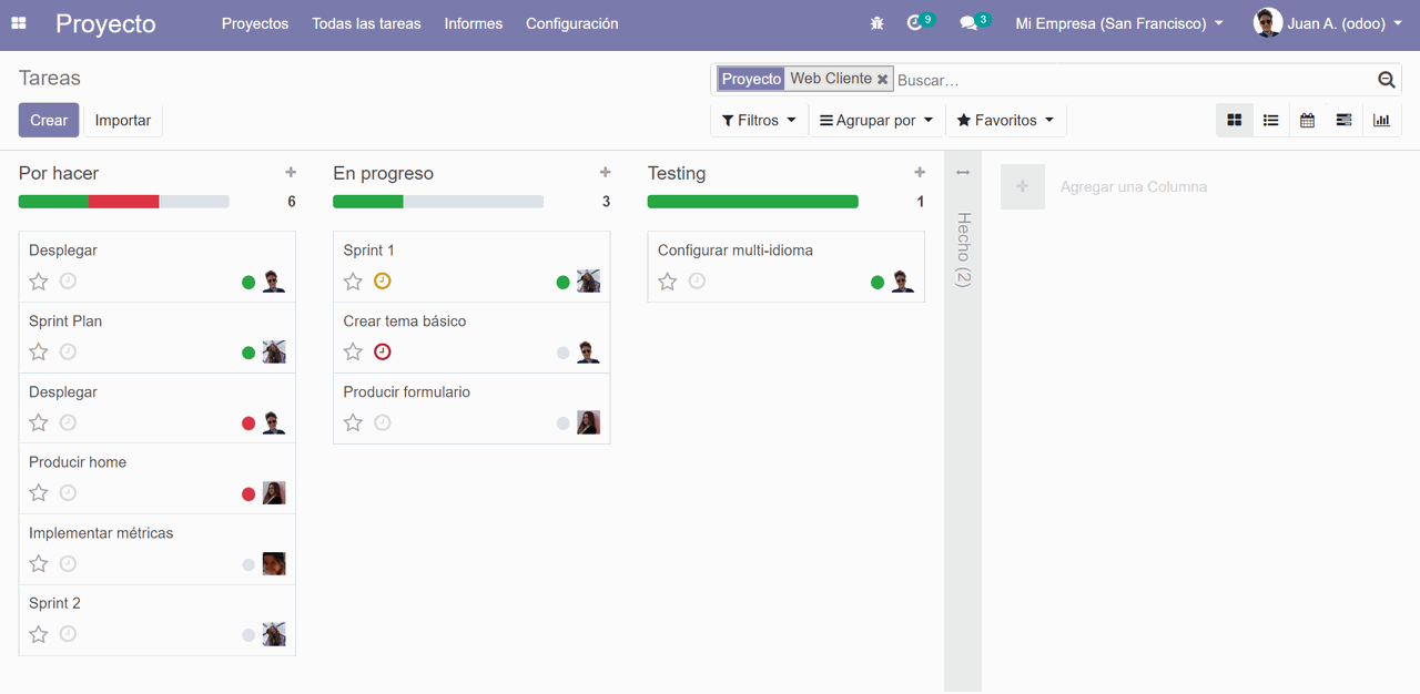 Odoo vista kanban en proyectos
